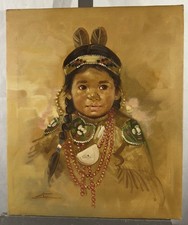 Huile sur toile : enfant papouse peuple Amérindien Ecole Américaine 60x50 cm