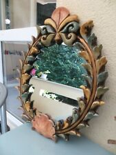 Miroir ancien en résine peinte ovale décor fleurs, milieu XXème ca 1950 vintage