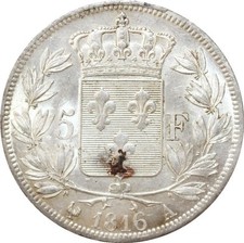 H4743 Rare France 5 Francs Louis XVIII 1816 A Paris Argent Silver UNC