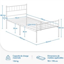Cadre de lit Simple en métal avec Sommier pour Adultes Grande Espace en Lattes 