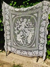 dessus de lit ou nappe ou rideau filet brodé main, années 20