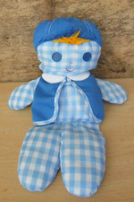 ? FISHER PRICE VINTAGE 1977  DOUDOU POUPEE GARCON VICHY BLEU HOCHET 32CM BE