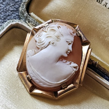 Broche Ancienne Camée Coquille Sur Monture Plaqué Or 35x24mm