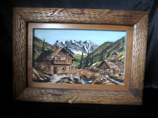 TABLEAU BOIS SCULPTE Peinture Montagne Chalet Art Populaire signé GUILLOT 1950
