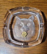 Vintage Magnifique Cendrier Vide Poche en Cristal d'Arques Décor Tête Chat TBE