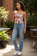 Beau bustier corset blanc à motifs rouges et noirs T14 ou 40/42