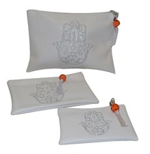 Faux Leather Pouch Set 3 Piece Moroccan Hamsa Cosmetic Organizer Wallet White 