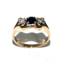 Femmes 9ct Jaune Vintage Or Bague Parure Avec Saphir Et Diamants, UK Taille L