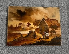 Tableau XVIII° Peinture fixé sous verre. Scène Flamande après David Tenier