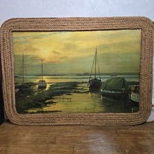 Magnifique Tableau Sur Bois Signé Burton 1968 Peintre Connu Cadre En Jonc De Mer