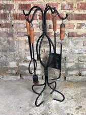 Serviteur de cheminée en fer forgé plein vintage 70'S