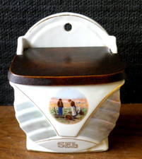 Ancienne Boite à Sel en céramique décorée l'angelus de Millet  couvercle bois