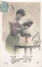 CP BONNE FETE FEMME ELEGANTE BOUQUET FLEURS DANS VASE DECORE STEBBING - 67940