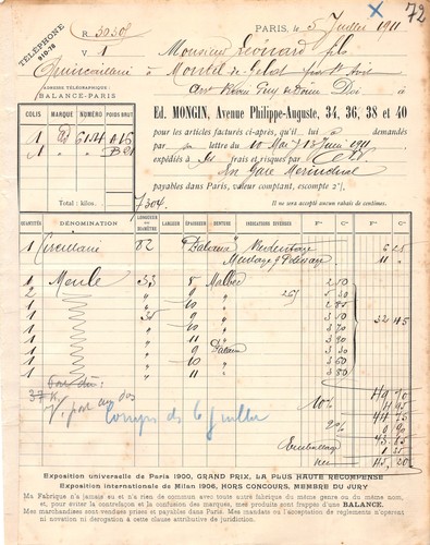 1911 facture mongin paris - mongin,