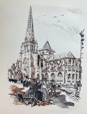 Bretagne Mathurin Meheut 1930  gravure originale signé cathédrale de Treguier