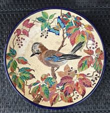 IMPORTANT  PLAT CREUX EN ÉMAUX DE LONGWY DÉCOR D’OISEAU GEAI