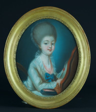 Ancien tableau pastel portrait  jeune fille louis XVI costume lecture coiffeuse