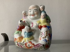 beau bouddha rieur avec 5 enfants en porcelaine de Canton, mille fleurs