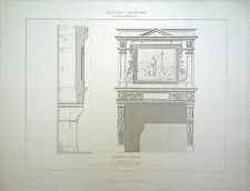 Ancienne Gravure d'Architecture - Cheminée en Pierre Place du marché à REIMS