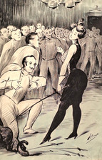 Ancien DESSIN original Encre Rehaussé ESCRIME FEMININE signé Spret Vers 1900