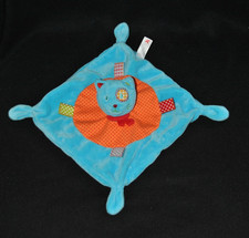 Doudou chat plat NICOTOY bleu orange cocard étiquettes NEUF