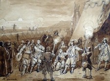 Louis XIII visitant les soldats - Hippolyte LECOMTE (1781-1857) Dessin  ancien