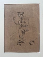 Dessin XIXe à La Pierre Noire Représentant Un Peintre En Lettres - Signé Berger