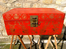 🇫🇷  MALLE COFFRE VALISE ASIATIQUE CUIR LAQUE ROUGE OR DRAGON CHINE CHINESE