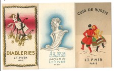 3 Cartes  parfumées anciennes L.T PIVER Paris.Cuir de Russie,Diableries et Ilka.