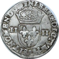 O8541 Rare Fauté 1/4 Ecu Henri III MENRICVS 1588 L Bayonne Argent ->F offre