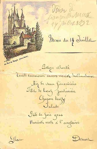 Menu ancien manuscrit 1892 - , –