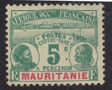 TIMBRE Mauritanie AOF Taxe à percevoir paysage côtier vert 1906-1907 5c