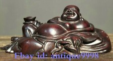 7"Old Tibet Buddhism Temple Ebony Wood Carved Happy Laugh Maitreya Buddha Statue