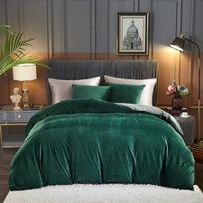 Housse de Couette Flanelle 140x200cm Vert foncé Gris Parure de lit 1 Personne...