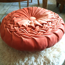 Ancien Vintage années 50/60 Coussin Rond Plissé Velours Epaisseur 14 cm ø 38 cm