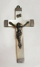 ANCIEN PENDENTIF CROIX CROSS CRUCIFIX JÉSUS ARGENT MASSIF &NACRE 7.9 x 4 cm # K2