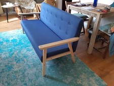 Canapé 3 places, tissu bleu et bois