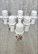 Lot 6 pots à épices vintage verre opalin décor champignons multilingues 10 cm