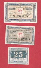 Lot 3 billets nécessité Chambre  commerce  TROYES : 25 cts+ 50 cts + 1 fr   NEUF