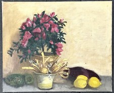 VELTEN (XXe) Tableau Vintage Huile Peinture Nature morte Fleurs Fruits Citron