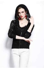 Veste Femme Court Slim Fermeture Éclair Dentelle Noire Châle à Capuche 28100