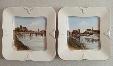 2 anciennes ASSIETTES décoratives  carrées - AUXERRE - cathédrale Yonne pont