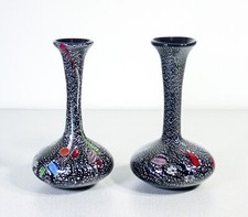 ⚜️ Couple Vases Verre Soufflé Noir Murano Flocons Argent Artisanat Vintage