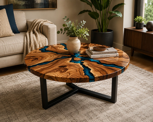 Table basse ronde - époxy, faite