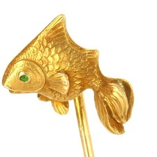 Merveilleux Art Nouveau 14K Or 3D Détaillé Complet Pêche Émeraude Yeux Epingle