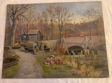 JEHANNE SCHIRA (1904-1989) Rare Huile sur Panneau  « LES TRAVAUX DU PONT » 1942