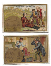 2 anciens CHROMOS  publicitaires Lyon devinette jeu rébus vieil or où est-il ?