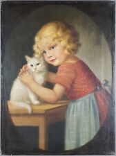 Ancien Tableau "Fillette et son Chat" Peinture Huile Painting Little Girl Cat