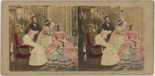 Stéréo rehaussée circa 1865. Scène de genre. Groupe, femmes en robe.