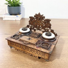 Joli Encrier double en bois sculpté néo-gothique - Bureau XIXᵉ siècle